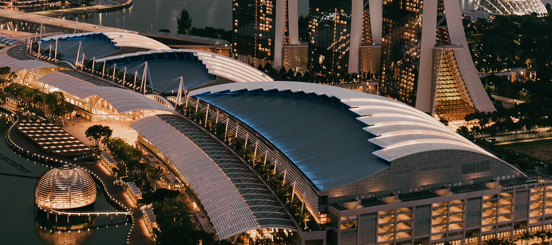 Aerial view of Marina Bay Sands and the Singapore Flyer at night
